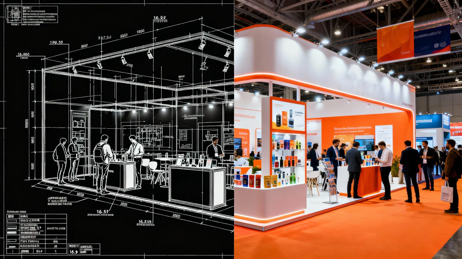 Exhibition booth technical drawing next to the finished booth