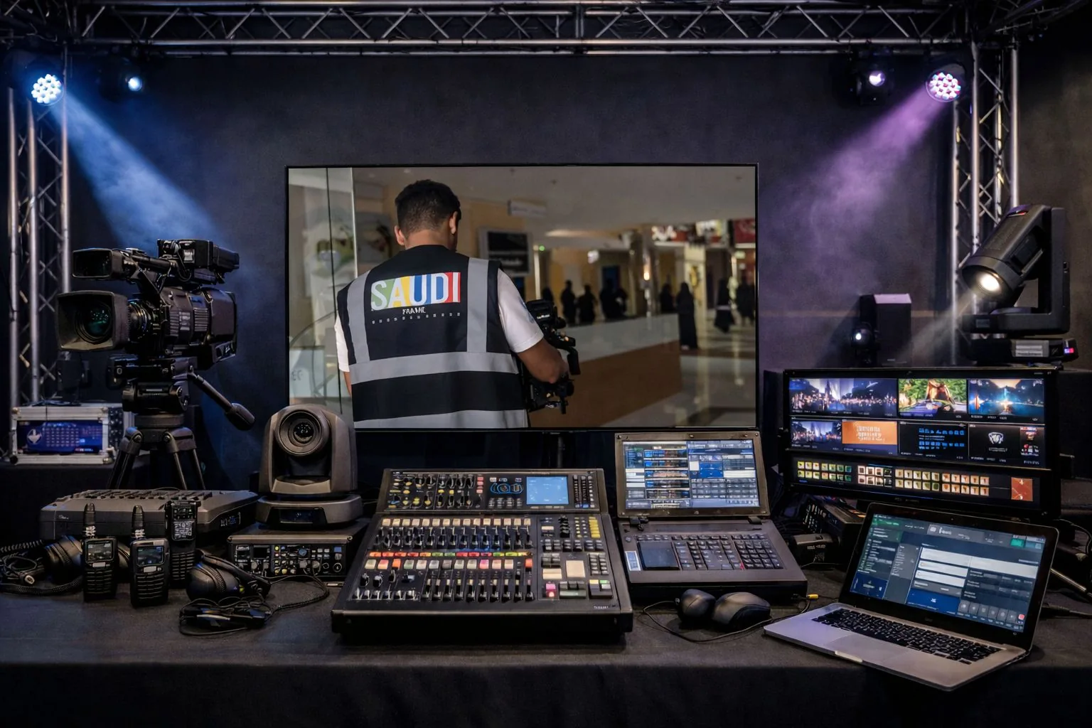 Live event production desk with cameras, video switcher and sound mixer
